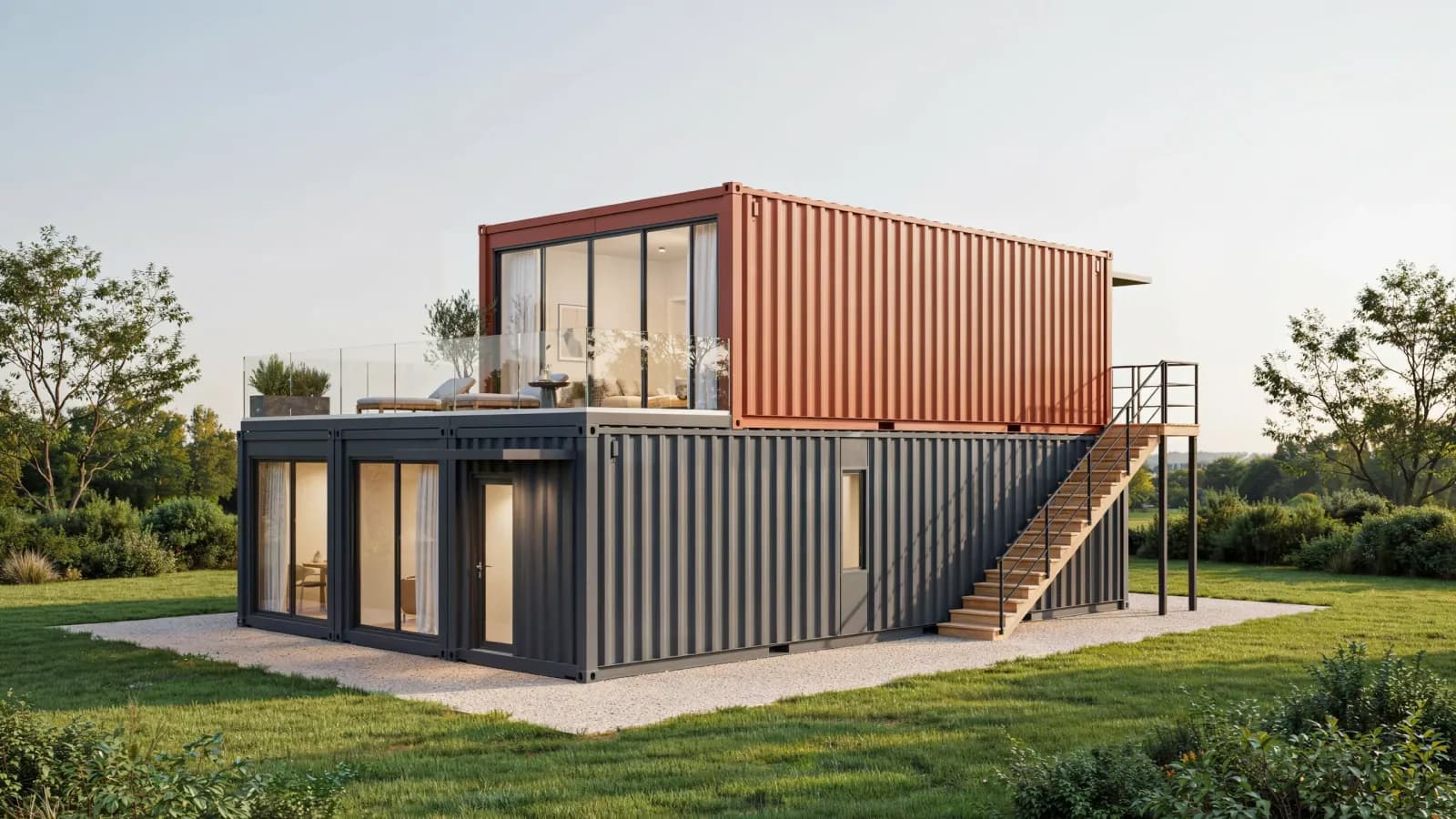 Double-storey container home with rooftop terrace and staircase