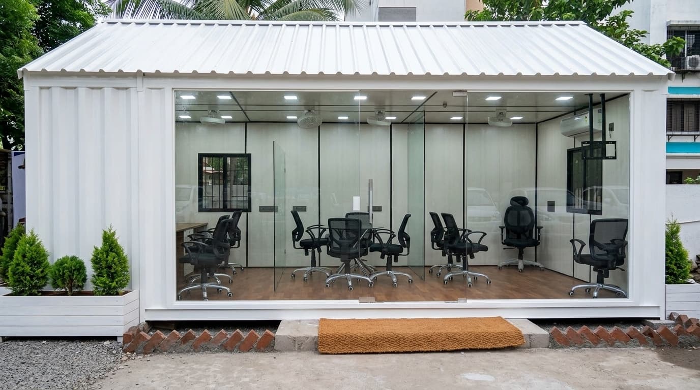 Glass-front portable sales office for a real estate project by Porta Cabin Systems