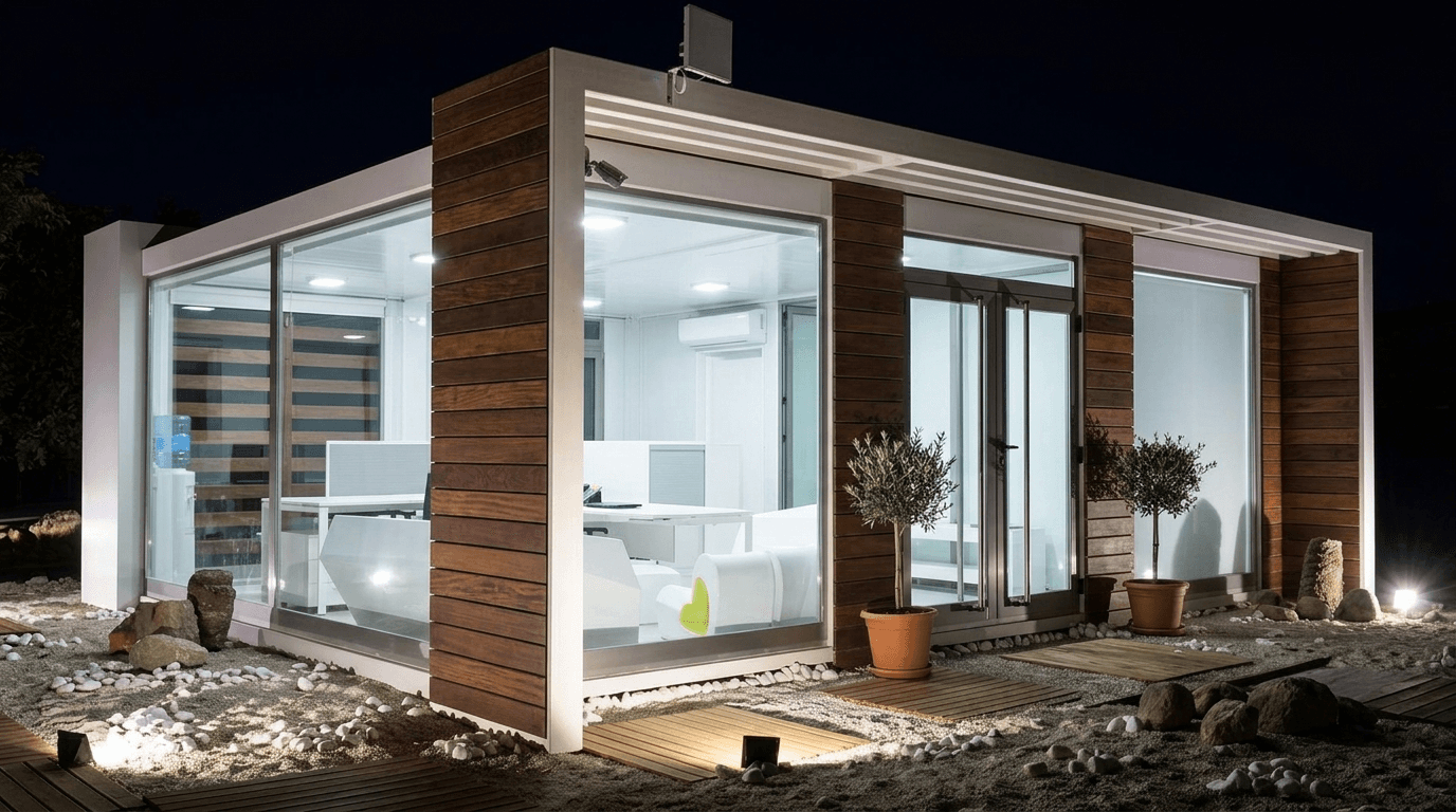 Night view of an illuminated portable sales gallery at a project site