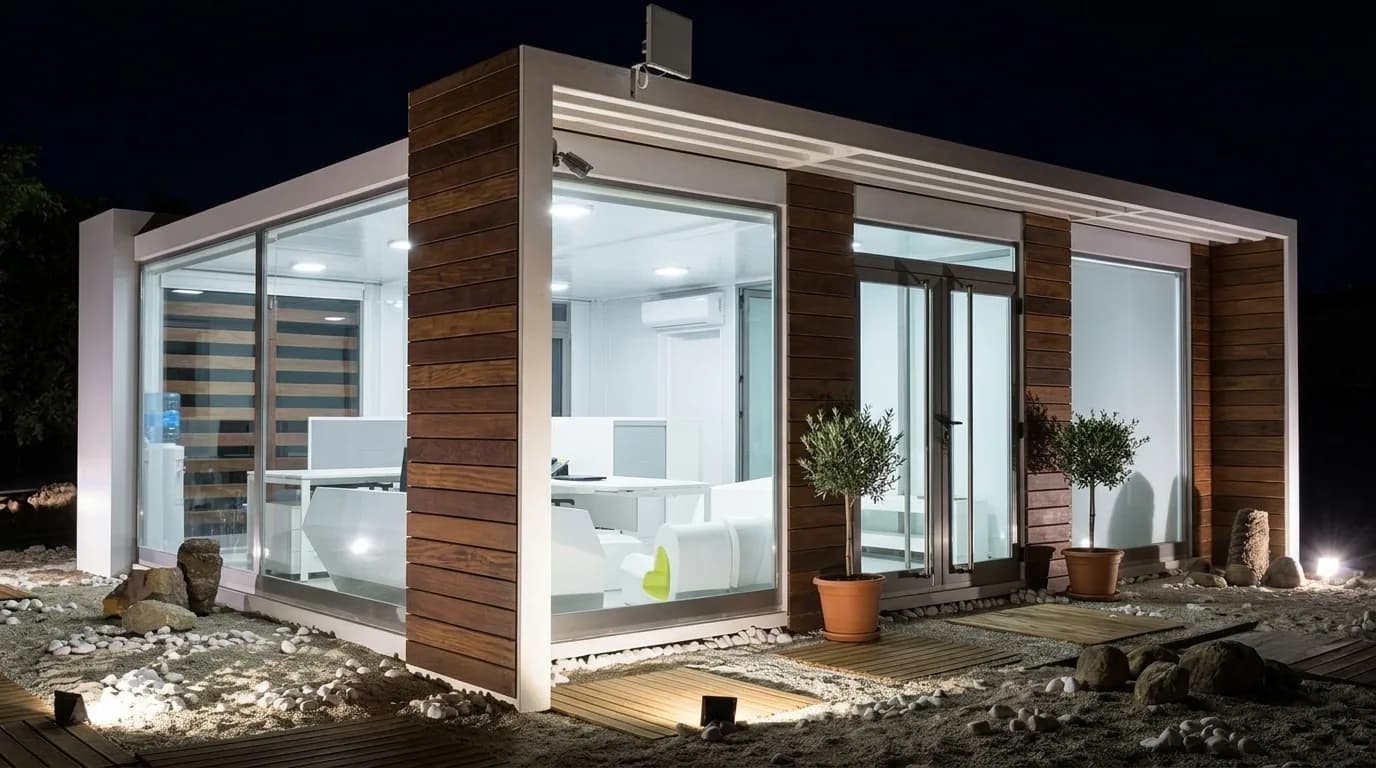 Night view of an illuminated portable sales gallery at a project site