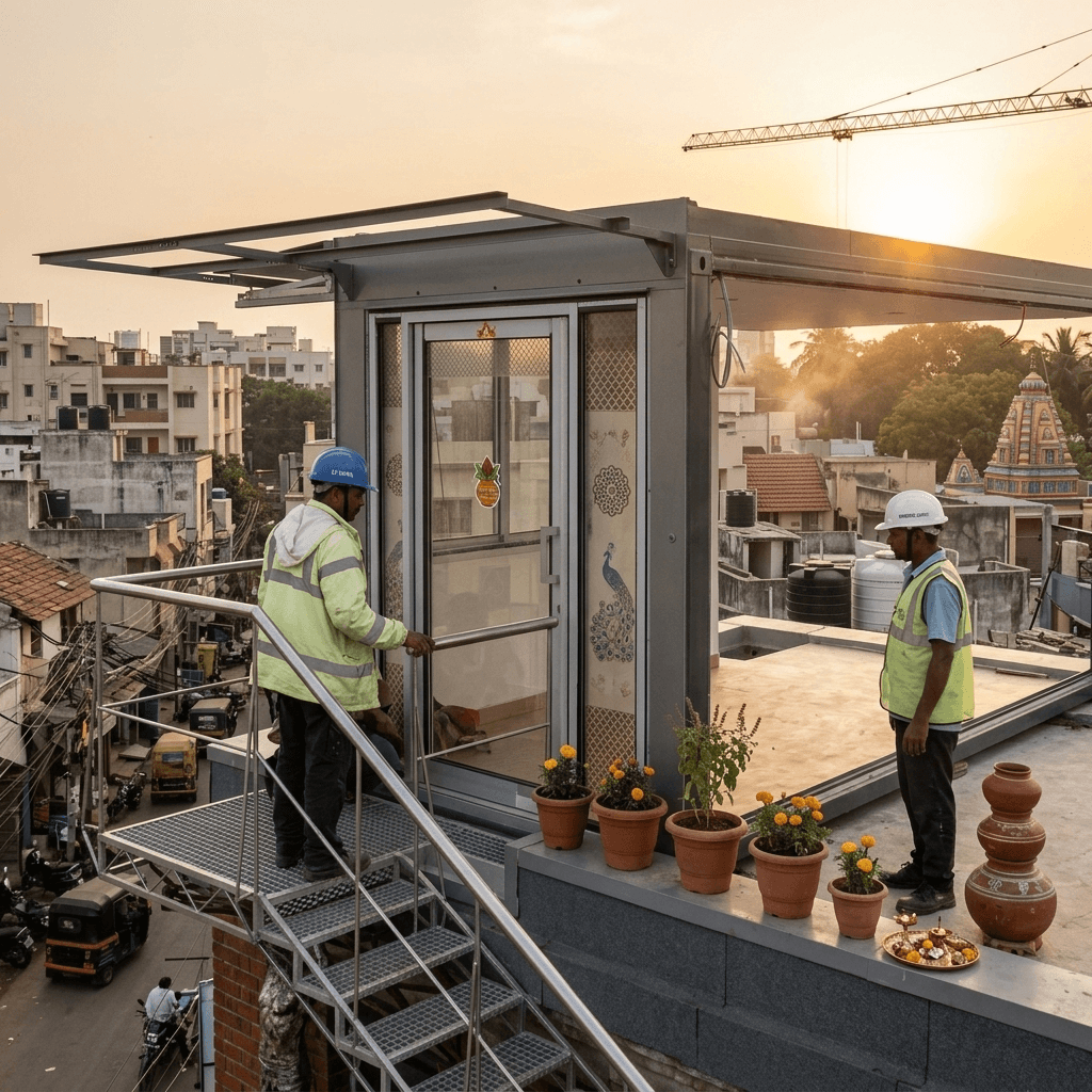 Knock-down porta cabin being assembled on a rooftop in India