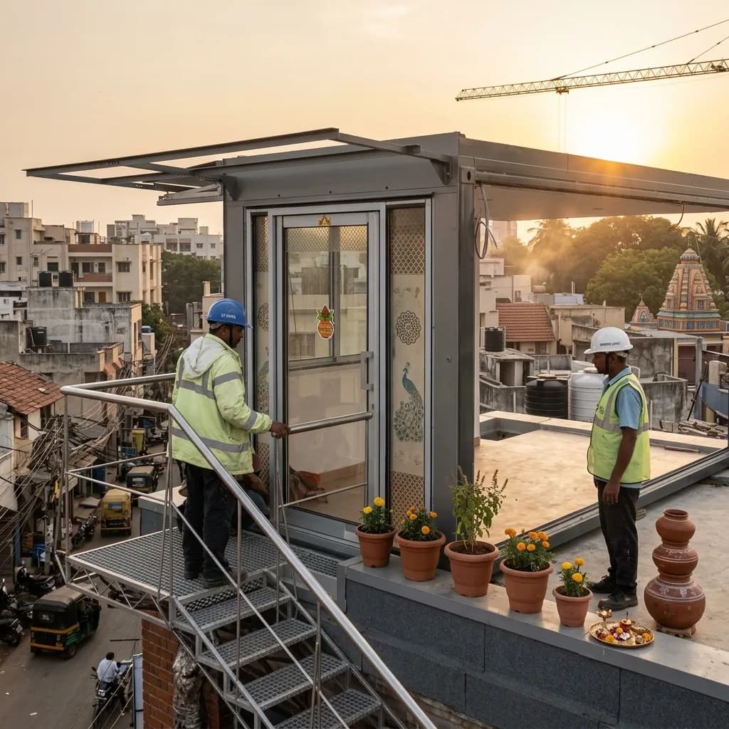 Knock-down porta cabin being assembled on a rooftop in India