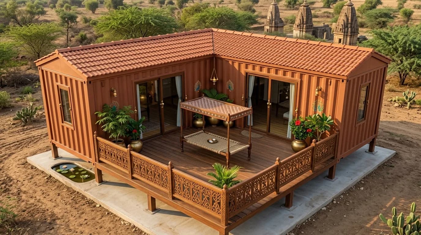 L-shaped two-container farmhouse with courtyard seating