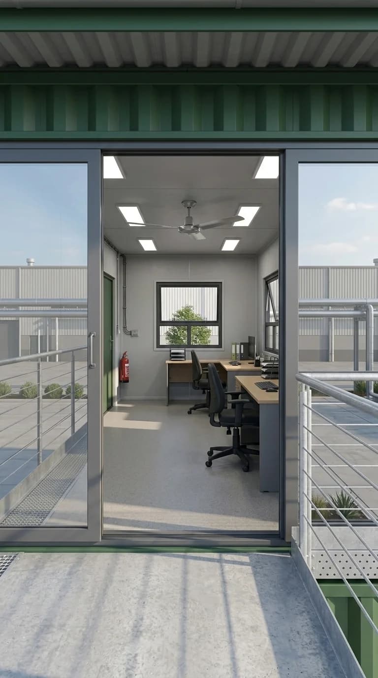 View from a railed walkway through an open sliding glass door into a small office with desks, office chairs, panel lights and a ceiling fan