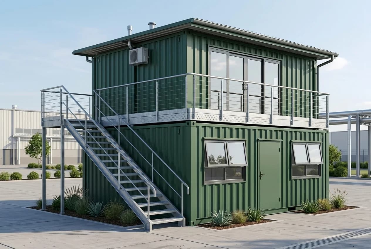 Green two-storey corrugated steel office at a three-quarter angle, with an external steel staircase up to a railed walkway and a glazed upper front