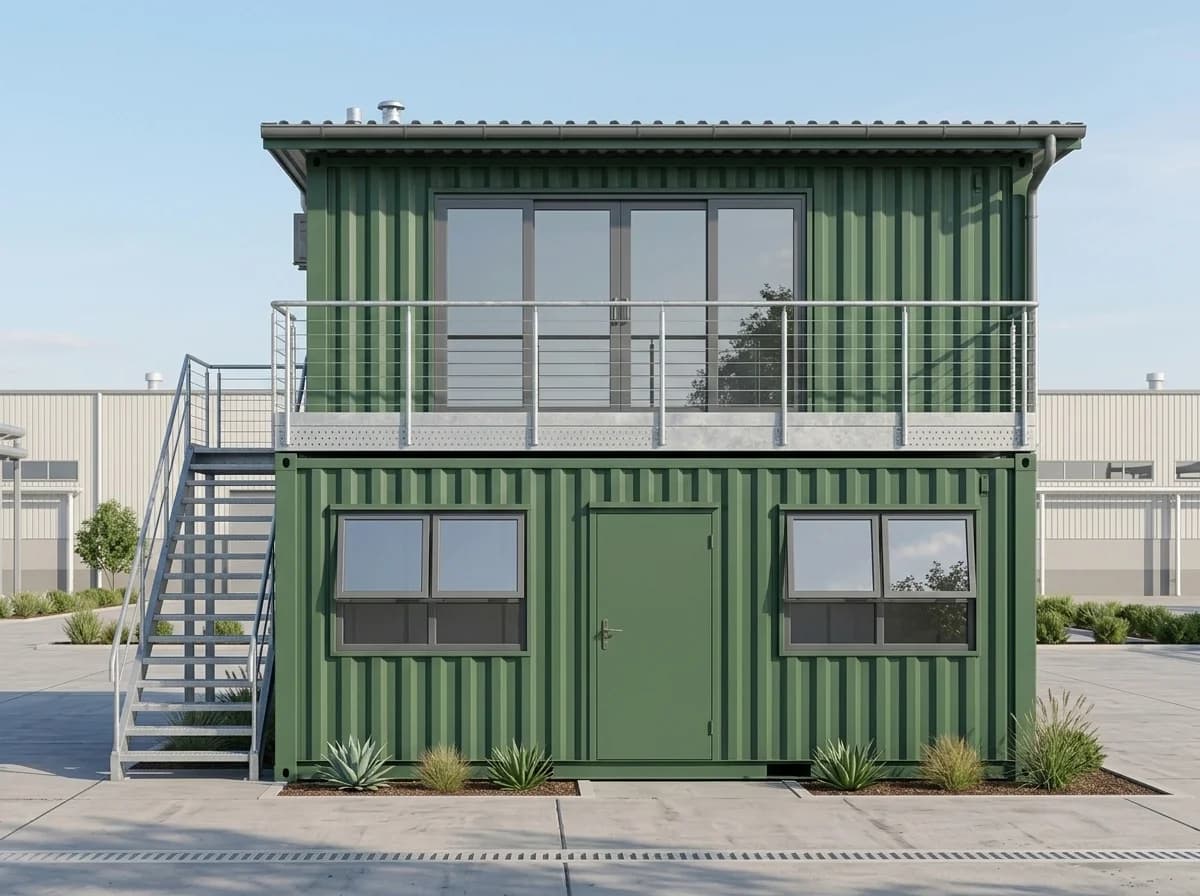 Front of a green two-storey corrugated steel office: a glazed upper front behind a cable railing, and a door between two windows below