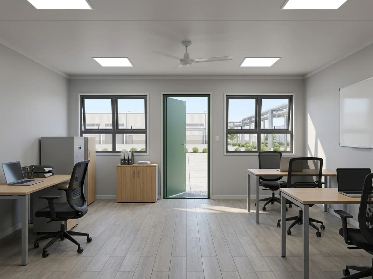 Inside an office cabin with desks, laptops, office chairs, a filing cabinet, a whiteboard and panel lights, and a green door open between two windows