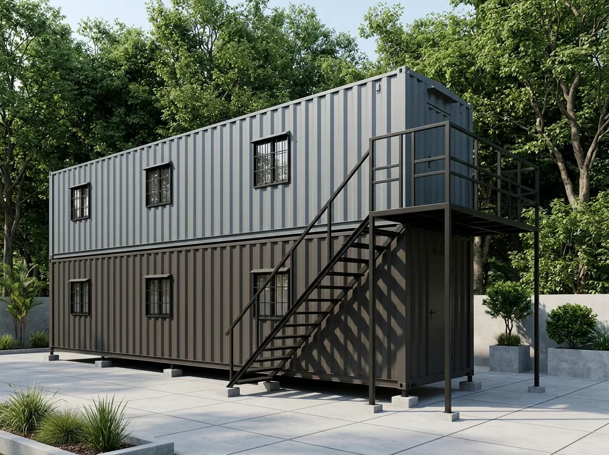 Design visualisation of a two-storey porta cabin from a front corner: a light grey corrugated upper cabin stacked on a dark brown lower cabin, barred windows on both floors and a black steel staircase with handrails rising to a landing at one end