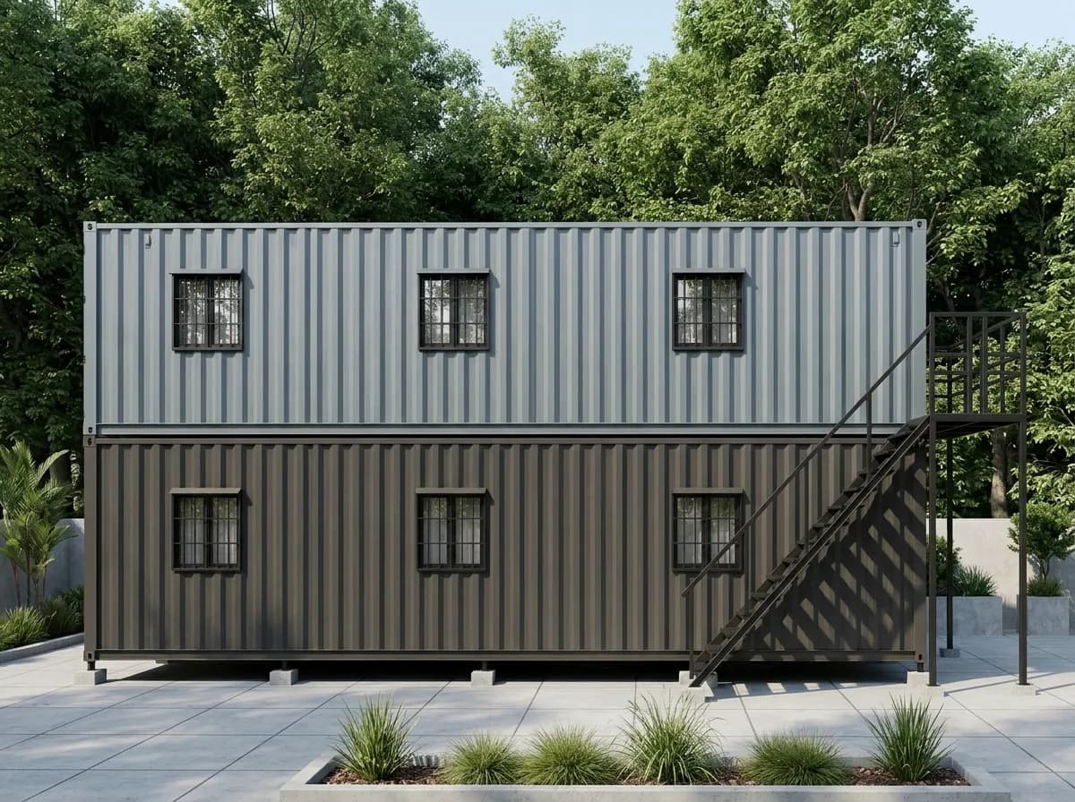 Design visualisation of the same two-storey porta cabin side-on, with three barred windows on each floor, light grey above and dark brown below, and the black staircase climbing along one end to the upper landing