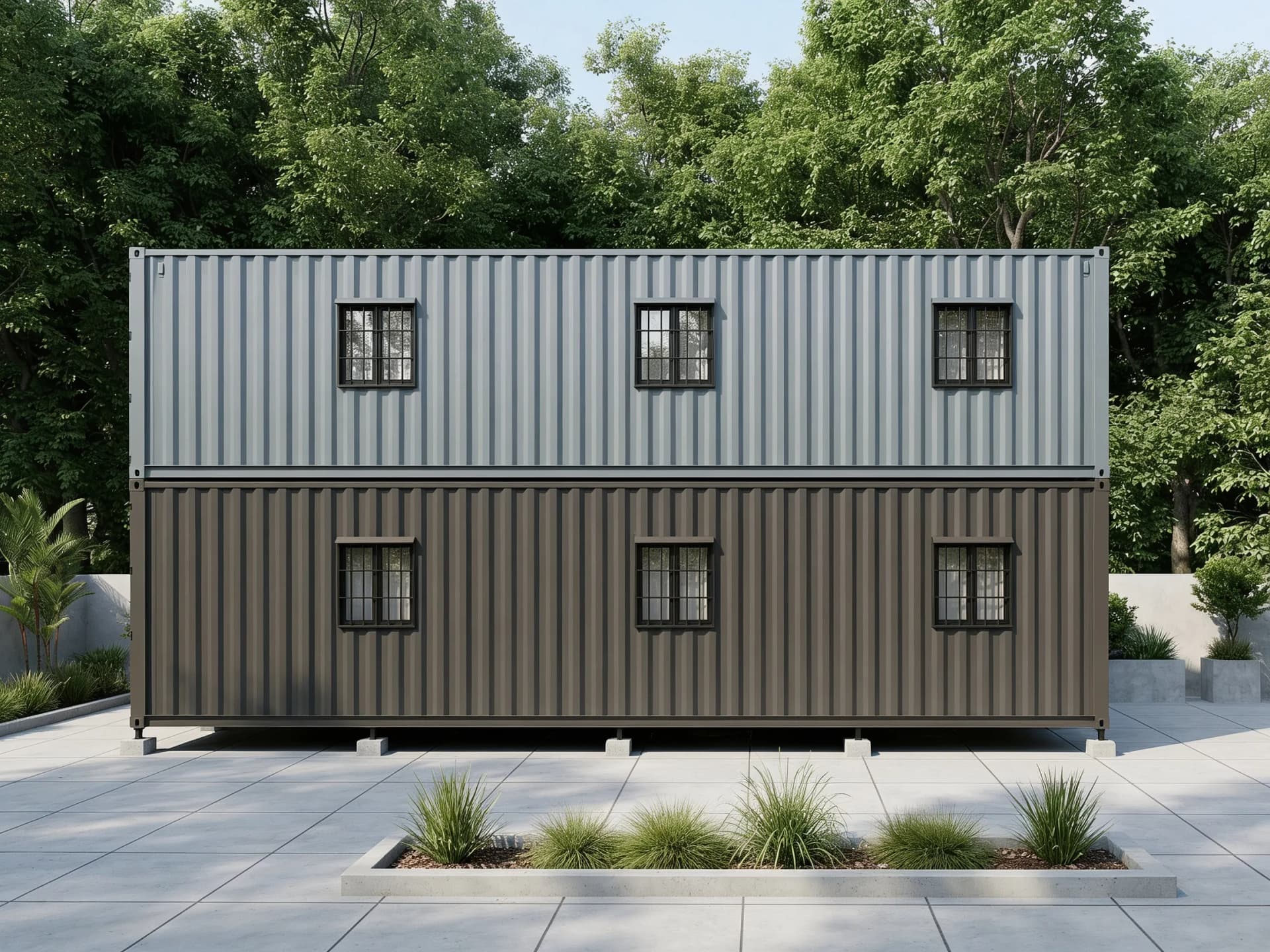 Design visualisation of a two-storey porta cabin head-on along its long side, a light grey corrugated upper floor over a dark brown lower floor, each with three barred windows, raised on small supports over a paved yard