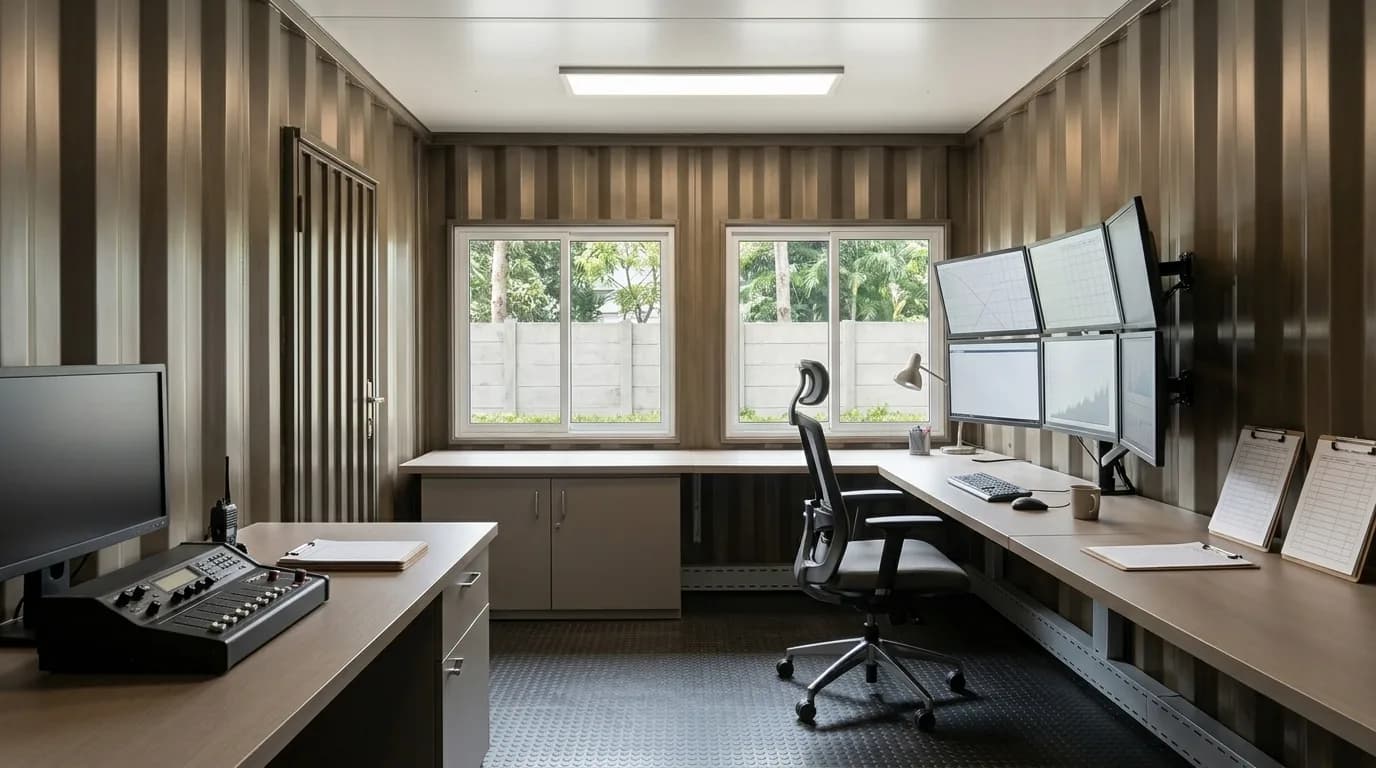 Interior of a converted container office with a long worktop under two windows, a wall of monitors on an articulated mount, a task chair and clipboards along the opposite bench