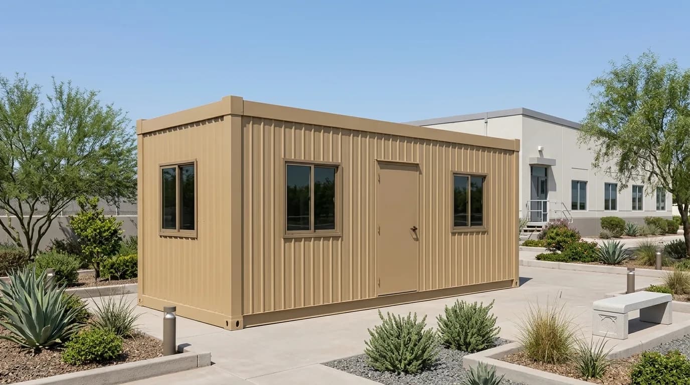 Beige corrugated-steel office container with three framed windows and a personnel door, standing on a paved yard