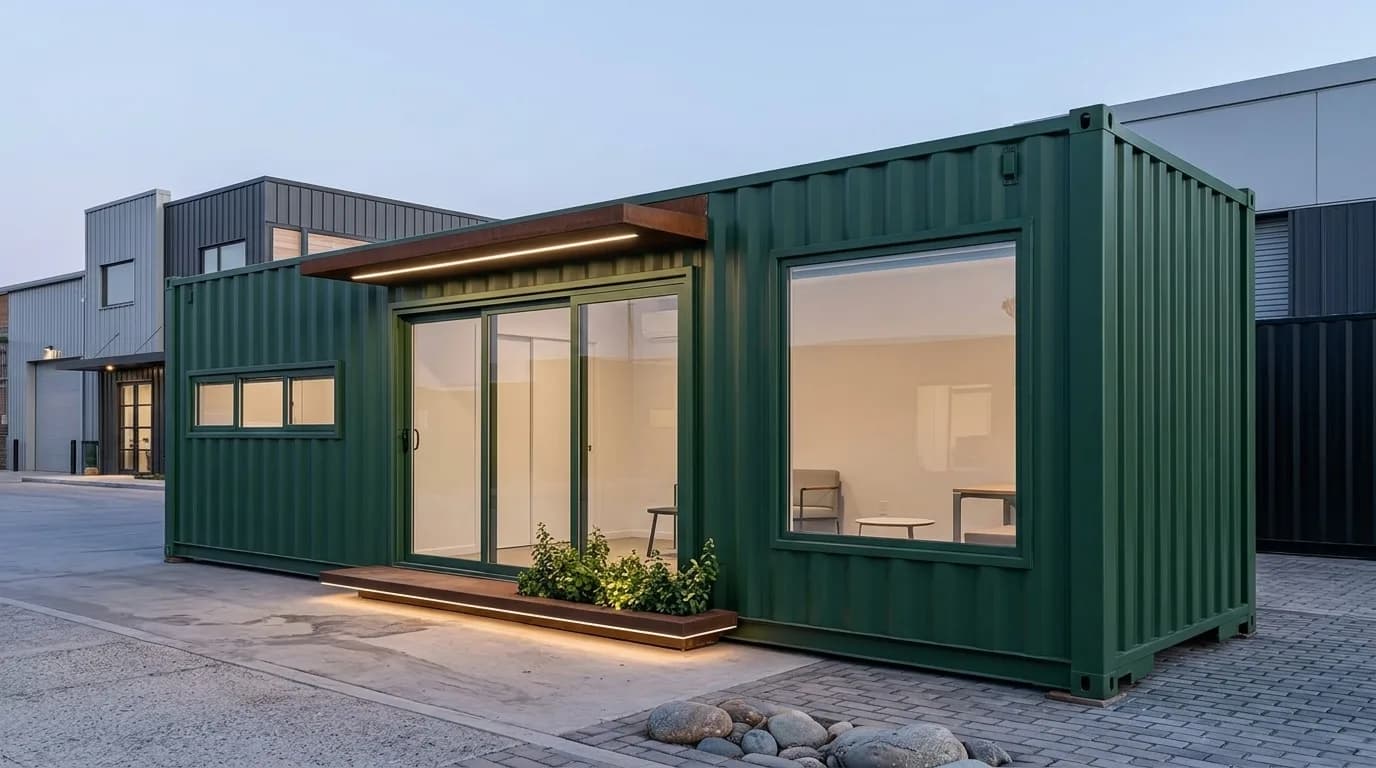 Dark green shipping-container office at dusk with large picture windows, a sliding glass door and a lit canopy over the entrance