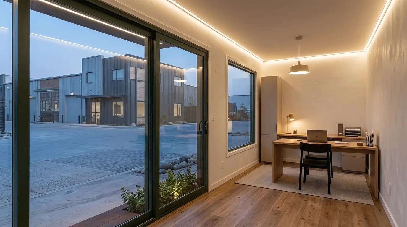 Lined office container interior with a timber floor, a desk and chair, a tall storage cabinet, a pendant light and sliding glass doors