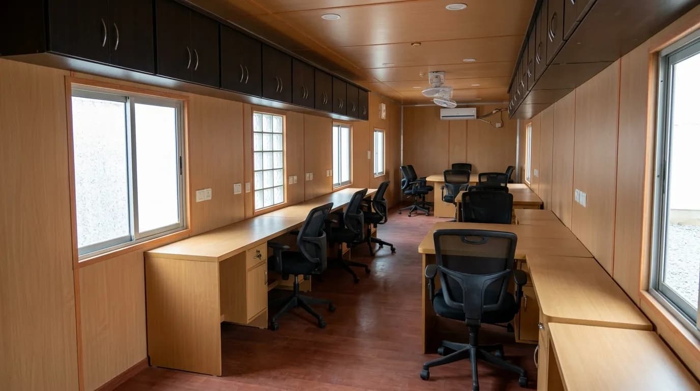 Long office unit interior fitted with bench workstations along both walls, mesh task chairs, overhead storage cupboards, a wall-mounted air conditioner, ceiling fans and sliding windows with grills