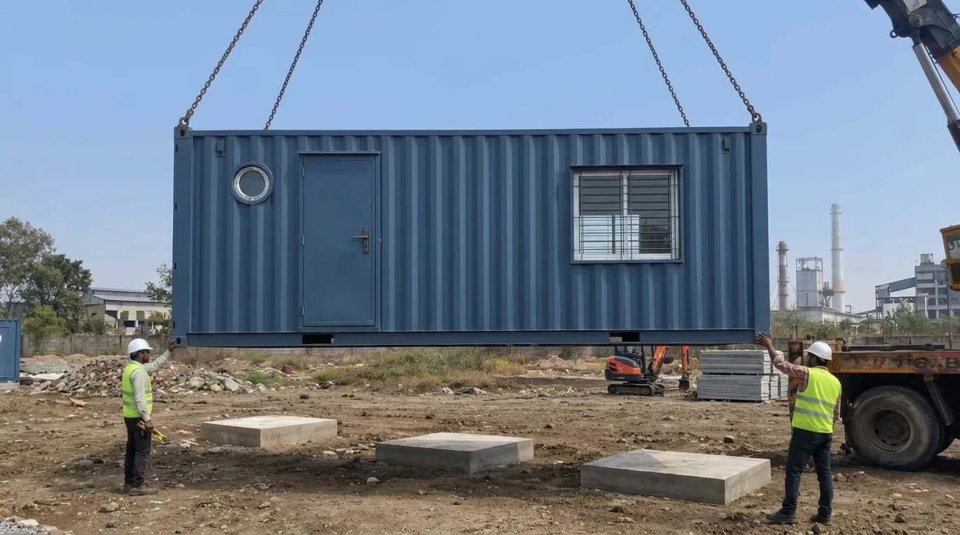Blue office container suspended from a crane above concrete footing pads at a construction site, with two workers in high-visibility vests and hard hats guiding it down