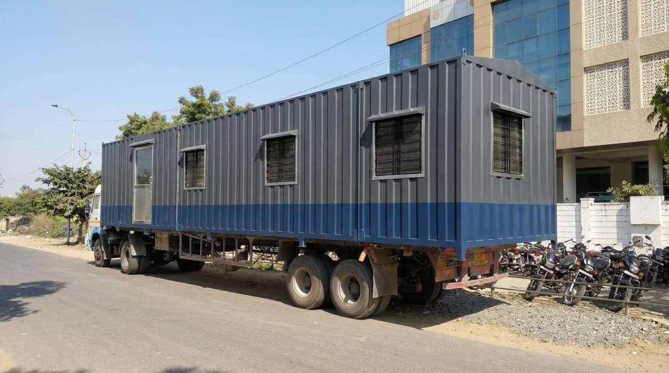 Grey and blue office container loaded on a flatbed trailer on a road, with framed windows, security grills and a personnel door visible along its side