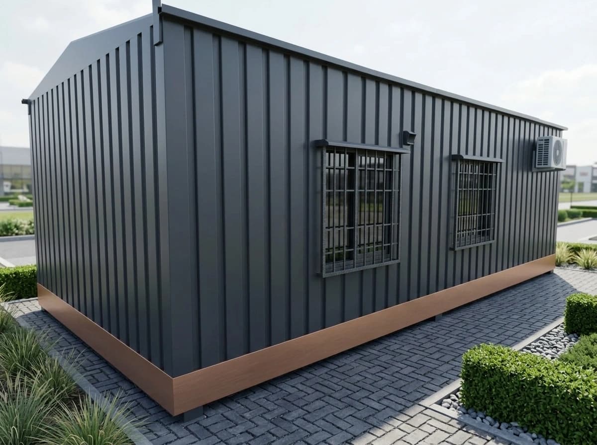Design visualisation of a dark grey porta cabin clad in vertical ribbed steel sheeting, seen from one corner, with two barred windows, a wall-mounted air-conditioner unit and a copper-coloured base trim beside a paved path
