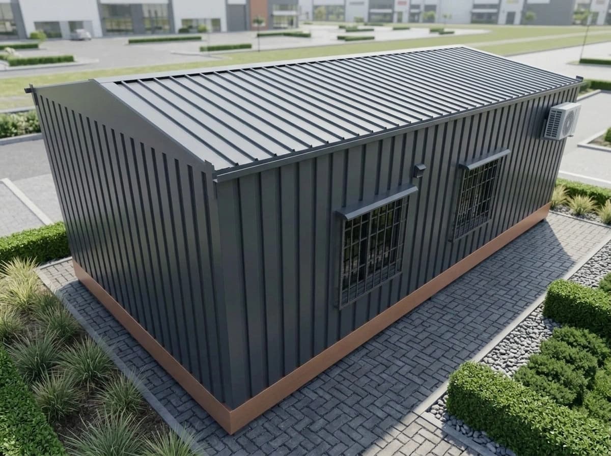 Design visualisation of the same dark grey porta cabin seen from above, showing its ribbed pitched roof, two barred windows and an air-conditioner unit on the side wall, with hedges and a paved path around it