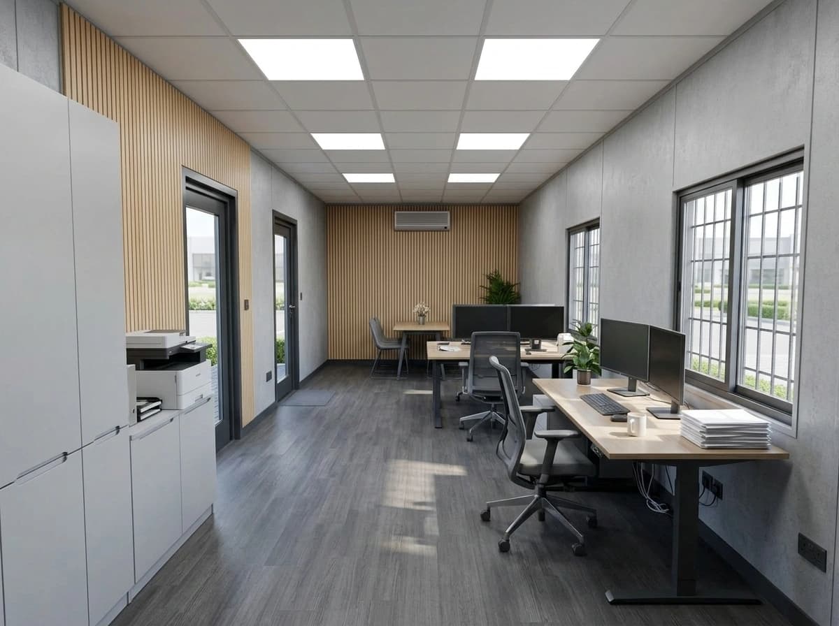 Design visualisation of a porta cabin interior set up as an office, with desks and monitors, white storage cabinets, a printer, ceiling light panels, a wall air conditioner, barred windows and a glazed door
