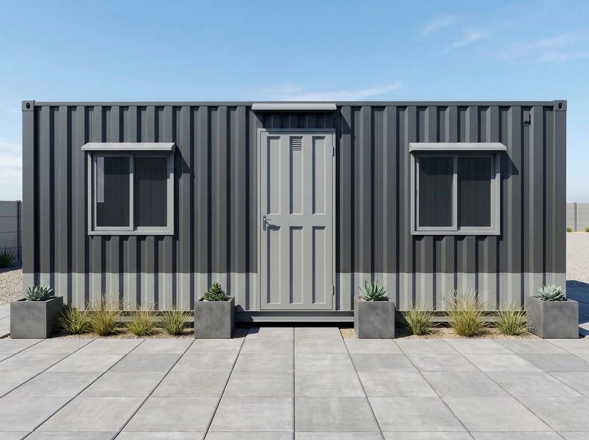Design visualisation of a dark grey porta cabin's long side, head-on, clad in vertical corrugated sheeting, with a panelled door between two windows, each under a small canopy, and square planters along its base on a paved yard
