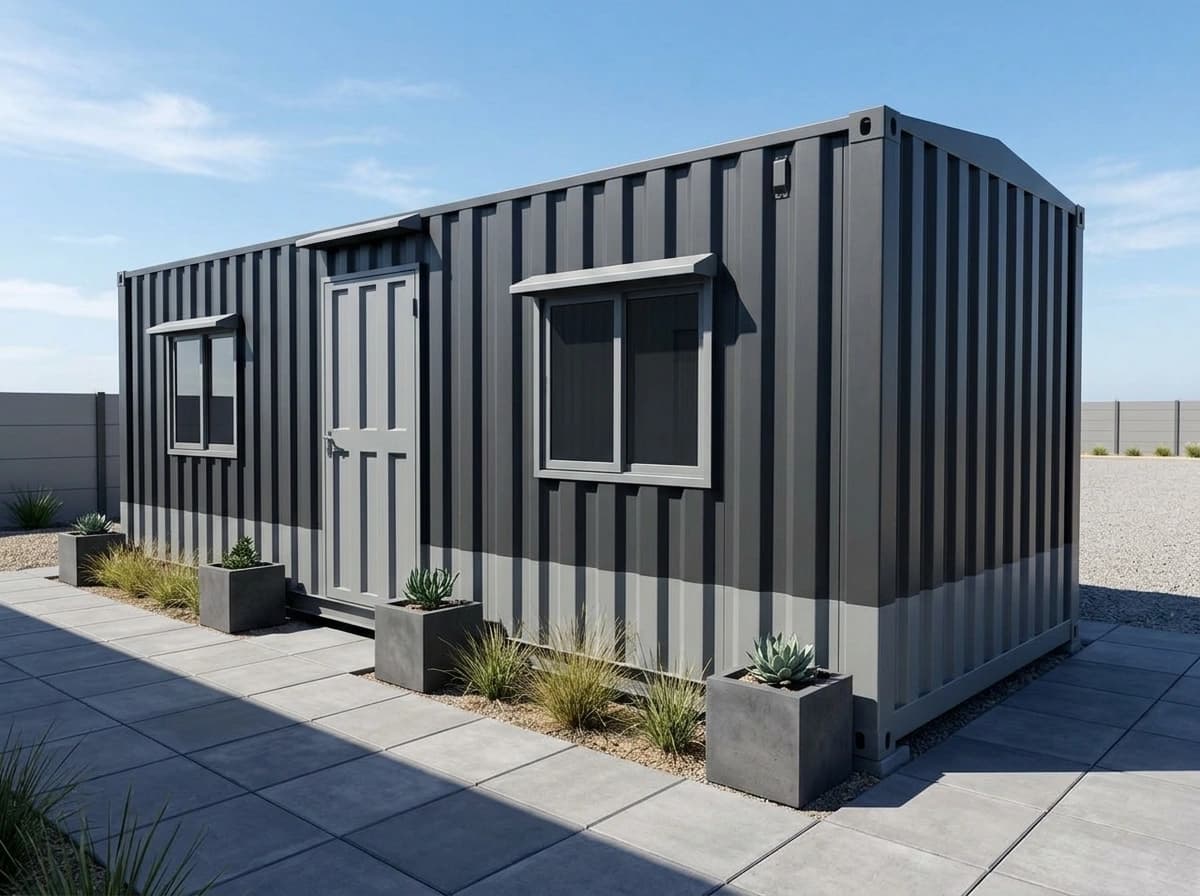 Design visualisation of the same dark grey porta cabin from a front corner, with a panelled door and two windows under small canopies along its corrugated side, a plain corrugated end and square planters along its base