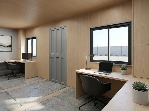 Design visualisation of a porta cabin interior set up as an office, with timber-panelled walls and ceiling, two desks with office chairs, a monitor and a laptop, a grey panelled door and two windows