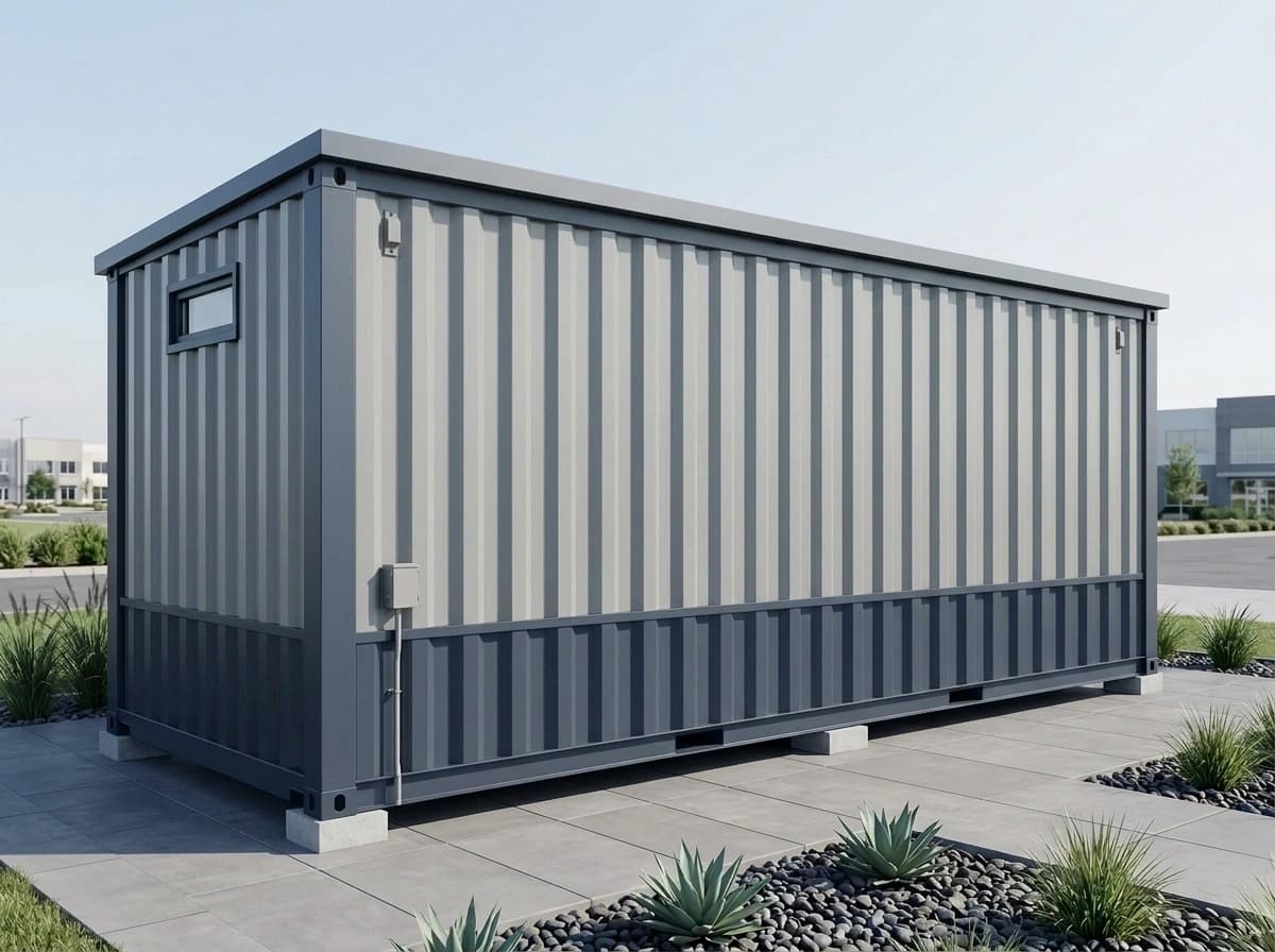 Design visualisation of a light grey corrugated porta cabin seen from a corner, with a long plain side, a darker lower band and a small high window in its end wall, raised on low supports over a paved yard