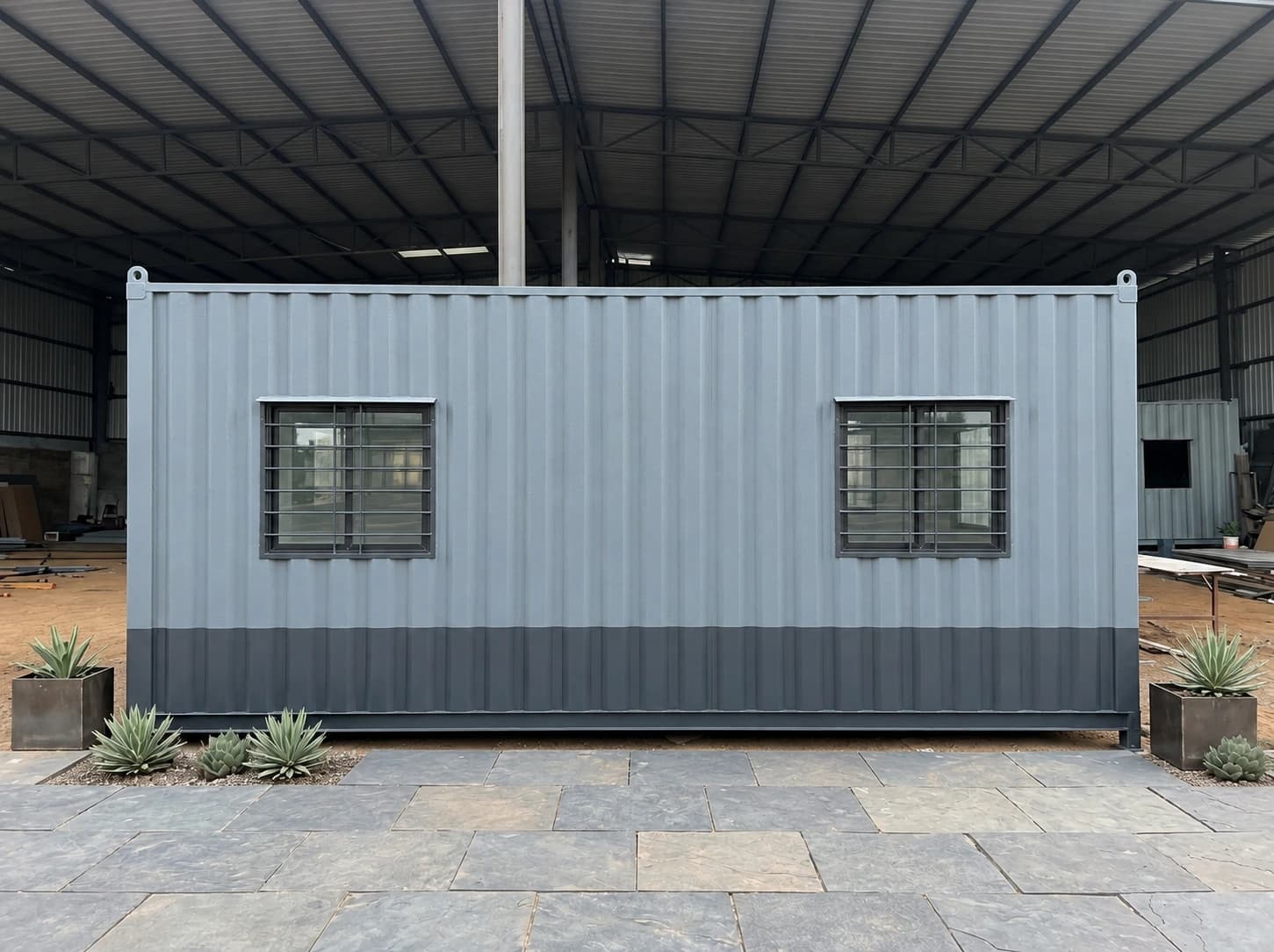 MS porta cabin with grey corrugated walls, a darker painted band along the base and two barred windows on its long side, standing inside a steel-framed shed with planters in front