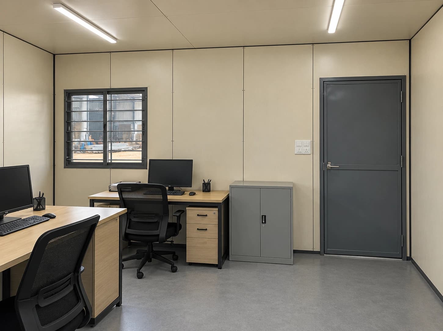 Portable office cabin interior with beige panelled walls, two desks with computers and office chairs, a grey steel storage cupboard, a barred sliding window, a switch plate and a grey door