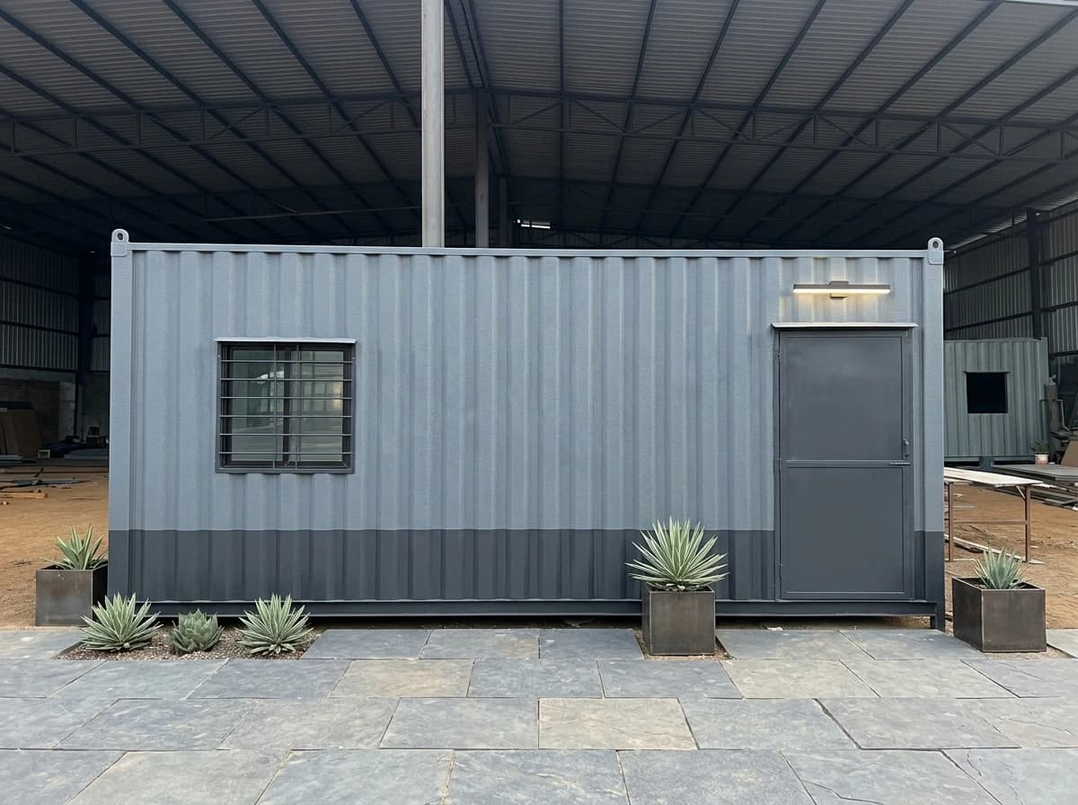 MS porta cabin with a grey steel entrance door, a light above the door and one barred window, on a paved apron with planters inside a steel-framed shed