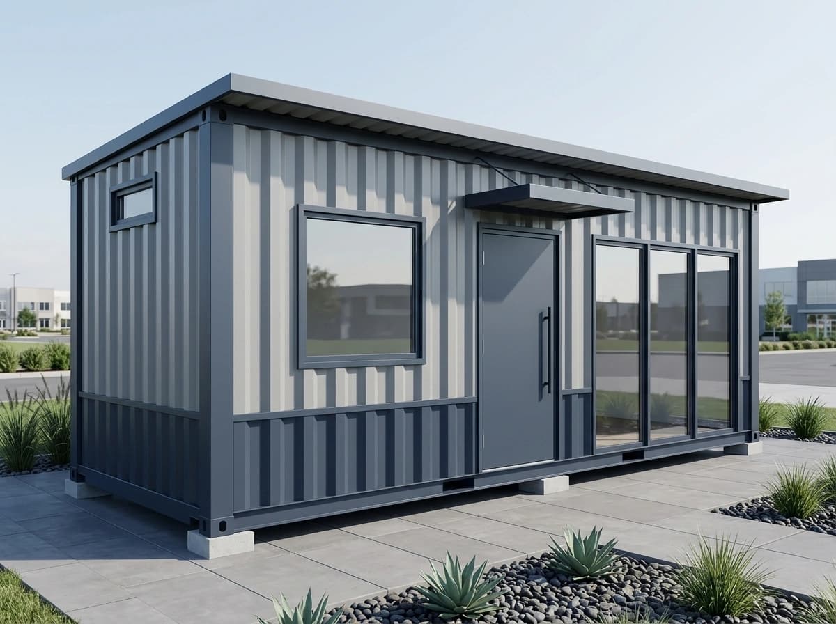 Design visualisation of a grey porta cabin clad in vertical corrugated sheeting inside a dark grey frame, seen from the front left, with a window, a door under a small canopy and a three-pane glazed front, beside a paved area and gravel beds