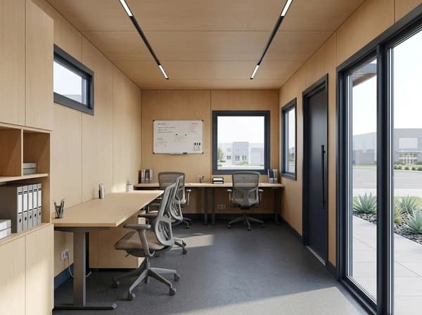 Design visualisation of a porta cabin interior set up as an office, with wood-panelled walls and ceiling, linear ceiling lights, desks with office chairs, shelves of files, a whiteboard and a glazed wall beside a door