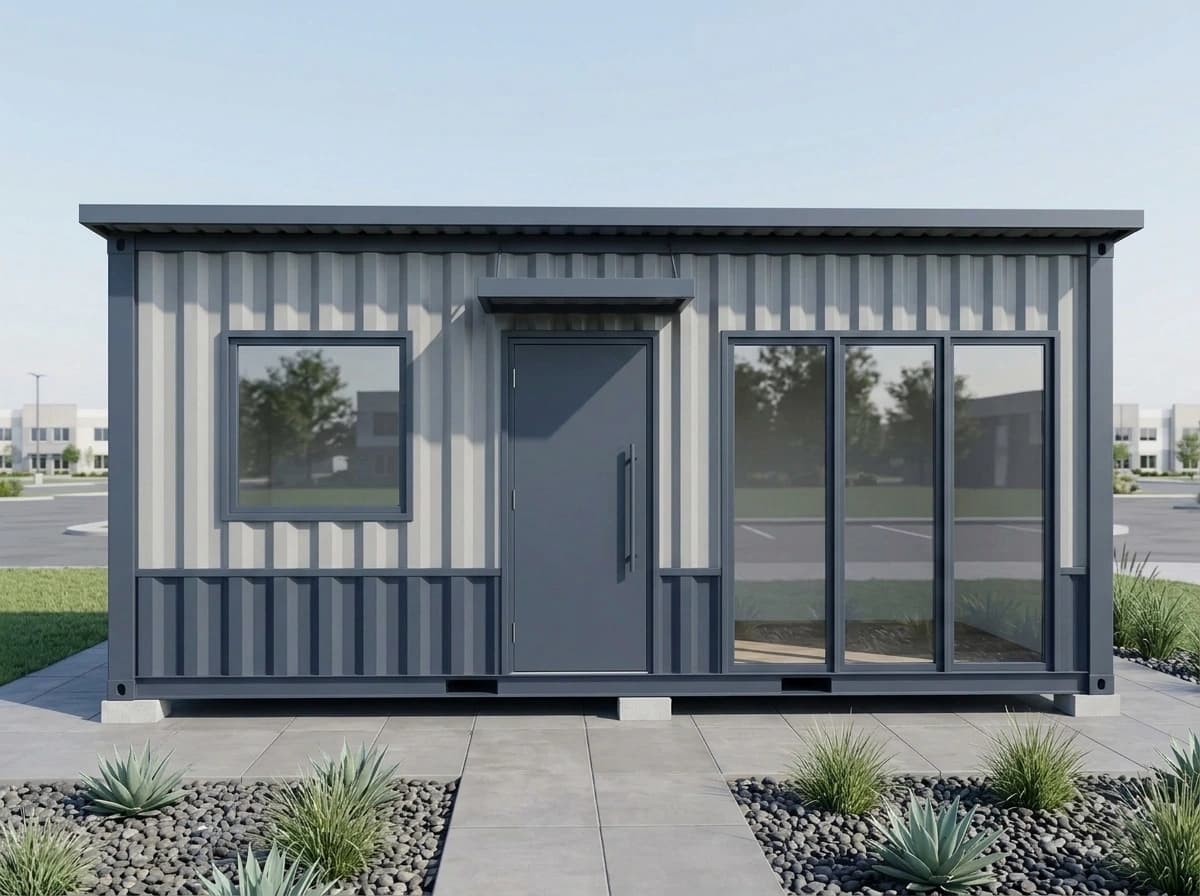Design visualisation of the same porta cabin seen head-on, with a window, a door under a small canopy and a three-pane glazed front, behind a paved path between gravel beds planted with grasses