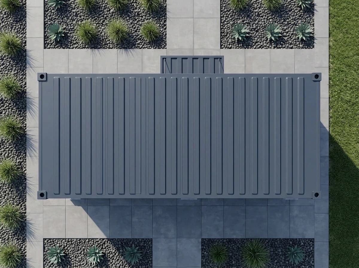 Design visualisation of the same porta cabin seen from directly above, showing its dark grey corrugated roof with a fitting at each corner and the door canopy below one long side, between paved paths and gravel beds