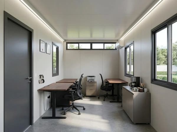 Design visualisation of a long, narrow porta cabin interior set up as an office, with white walls, strip lights along the ceiling, two wooden desks with office chairs, a printer, a counter with a coffee machine, side windows and a wall-mounted air conditioner