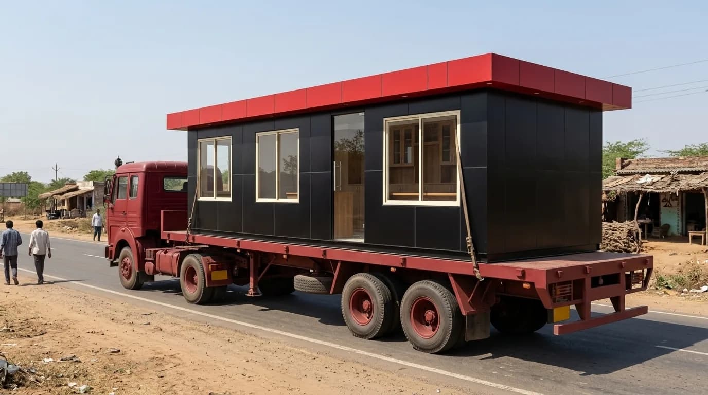 A dark panelled cabin with a red roof band strapped lengthways to the bed of a red flatbed trailer on a roadside, with the tractor unit ahead of it