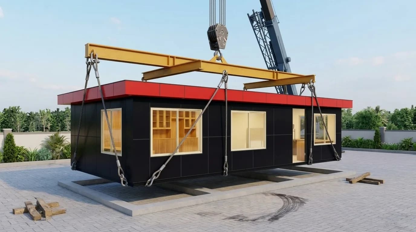 A black cabin with a red roof edge and large glazed windows hanging on four wire-rope slings from a yellow lifting beam beneath a mobile crane hook, above a paved yard
