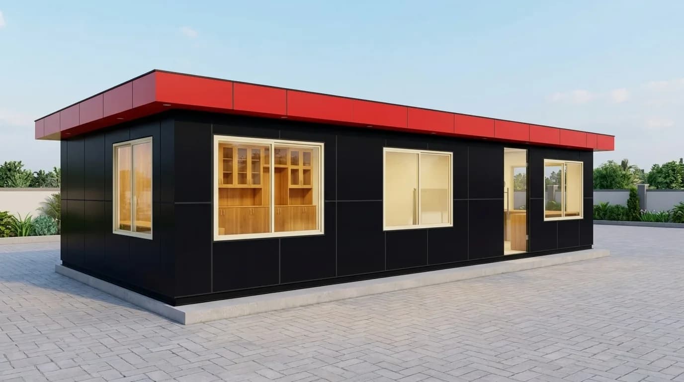 A long single-storey cabin with black panelled walls and a red band along the roof edge, with cream-framed sliding windows and one door standing open, on a concrete plinth over a paved yard