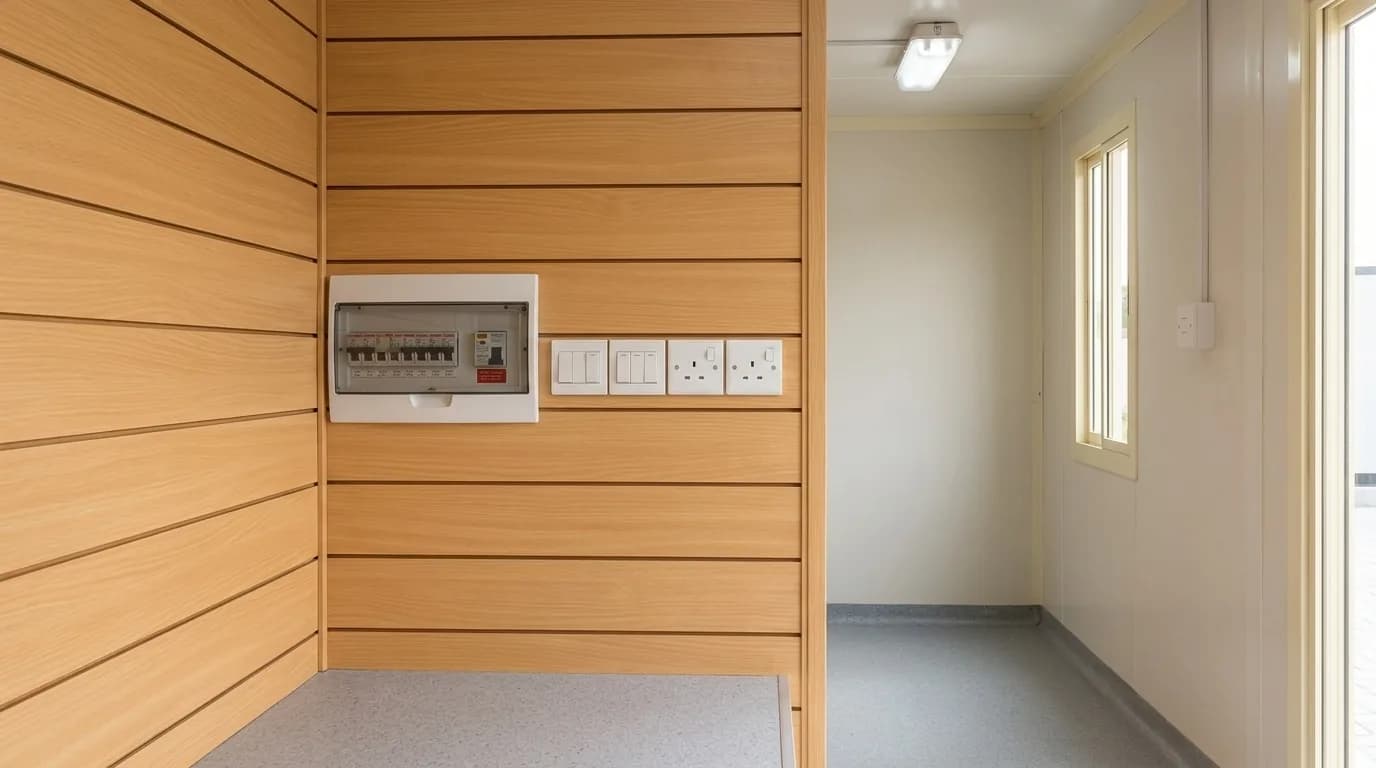 Empty interior of a cabin lined with wood-finish wall panelling, showing a wall-mounted distribution board, switches and sockets, and an opening through to a second room with a narrow window and grey vinyl flooring