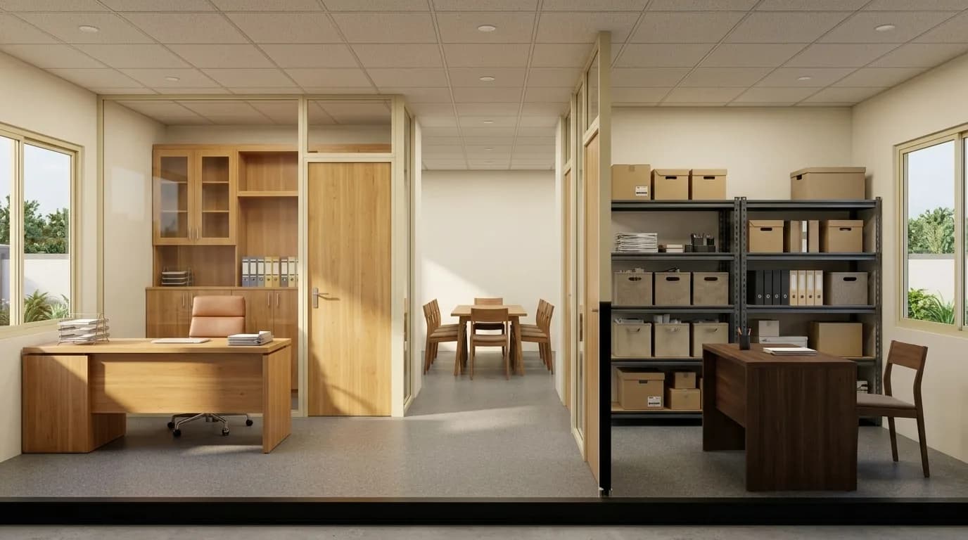 A cutaway view of a partitioned office layout with the front wall removed, showing a desk and swivel chair with a glazed storage cabinet on one side, a four-seat meeting table in the middle, and shelving holding cartons and box files beside a second desk