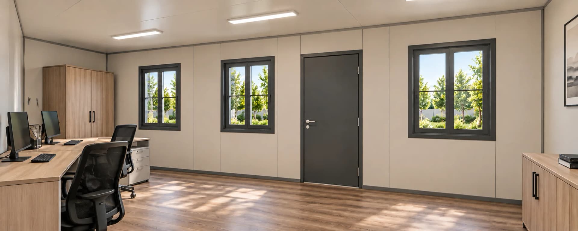Cabin office interior with light grey wall panels and a wood-effect floor, two desks with computer monitors and mesh office chairs, a tall wooden cupboard, three dark-framed windows and a grey door