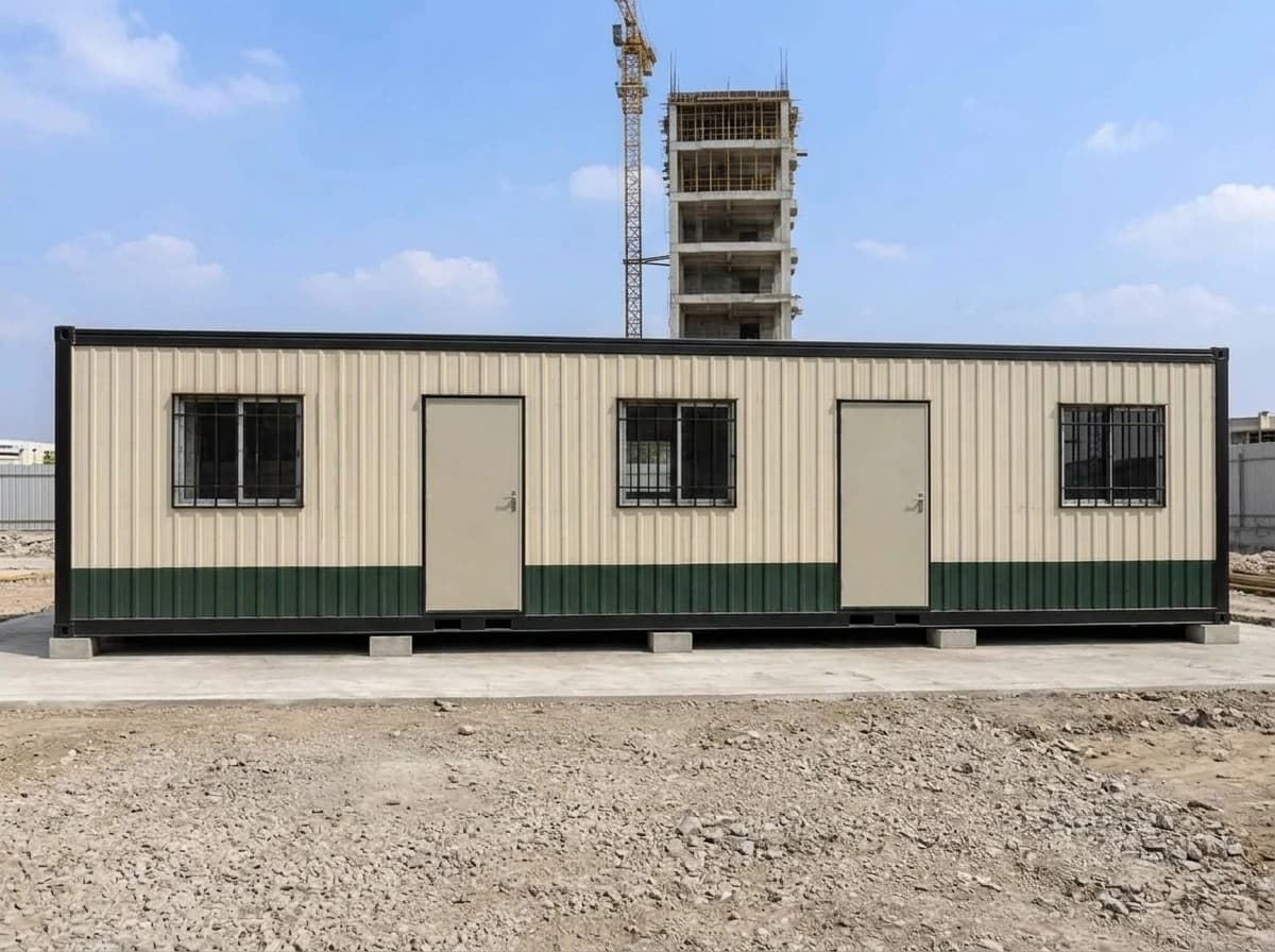 Design visualisation of a long porta cabin's front, head-on, in beige vertical corrugated sheeting over a dark green lower band, with two plain doors and three barred windows, raised on low concrete supports, with a part-built concrete frame building and a tower crane behind