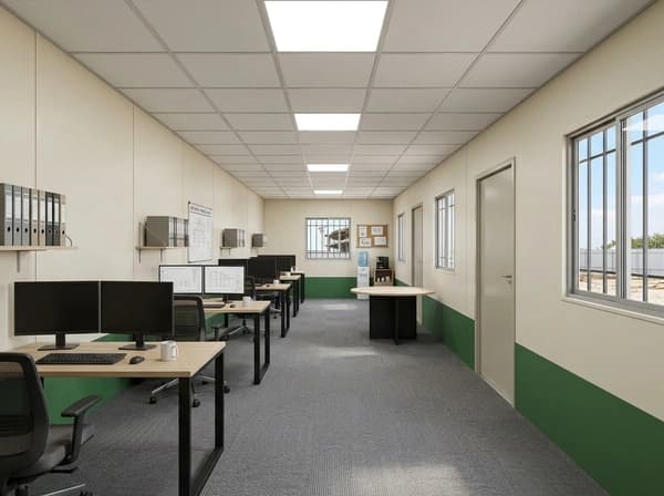 Design visualisation of a long porta cabin interior set up as an office, with cream walls over a dark green dado, a grid ceiling with panel lights, a row of desks with monitors and chairs, wall shelves of files and windows down one side