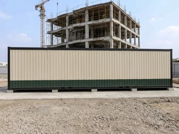 Design visualisation of the same porta cabin's long side with no doors or windows, beige corrugated sheeting over a dark green lower band, raised on low concrete supports beside a part-built concrete frame building and a tower crane