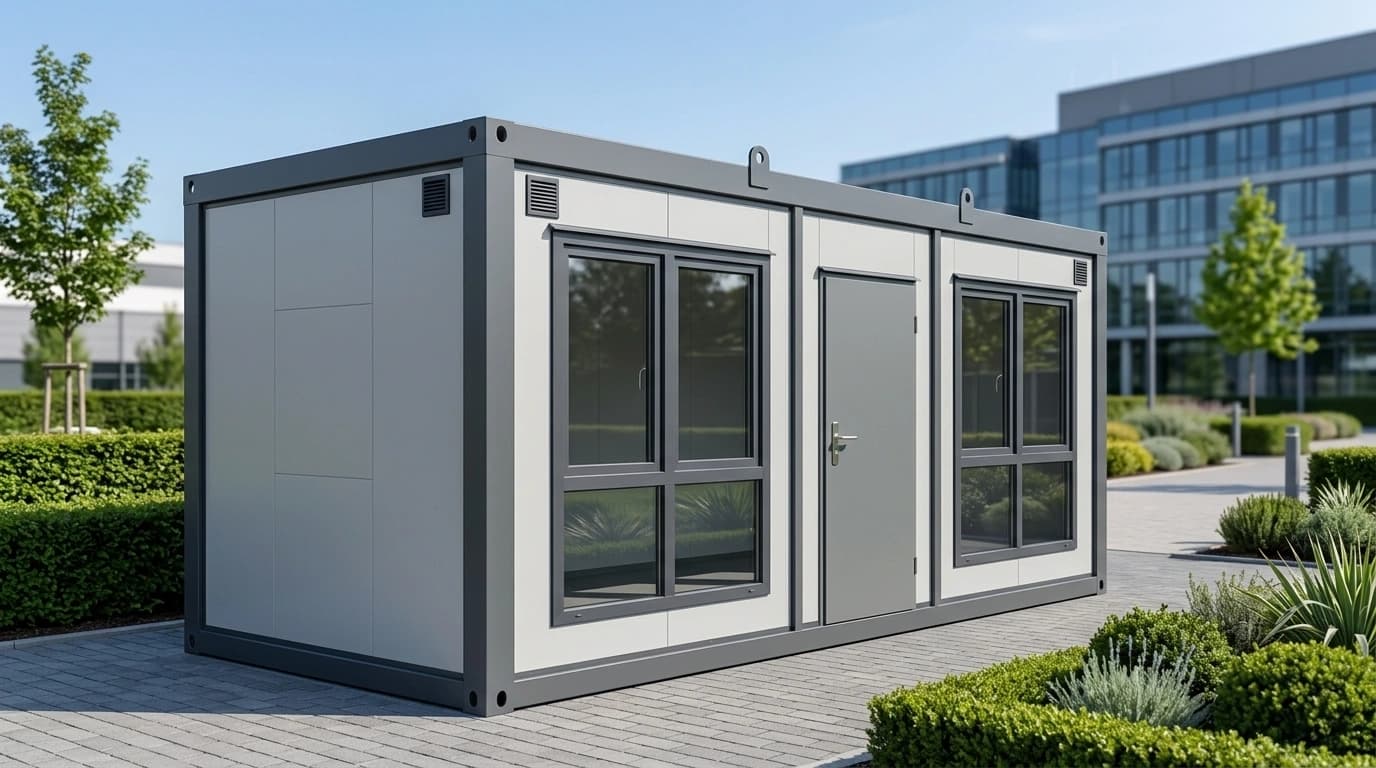 Portable office cabin with two sliding windows and a central door, seen from the front and side
