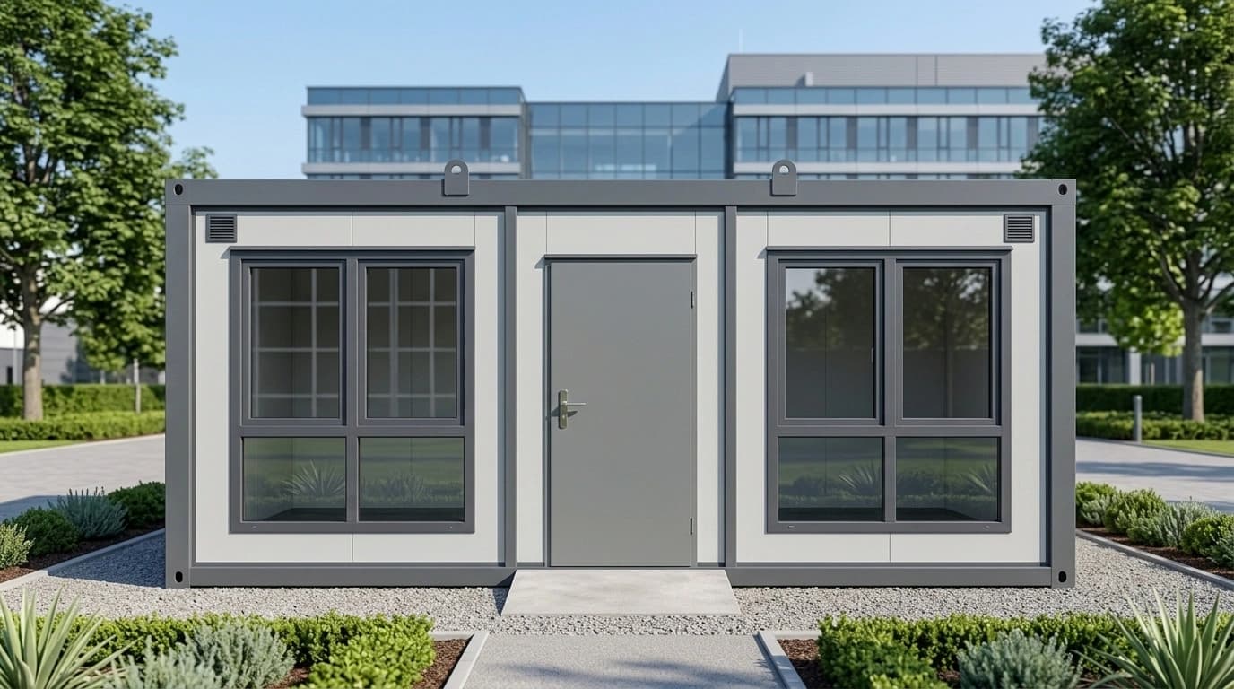 Front view of a portable office cabin showing both windows and the central door