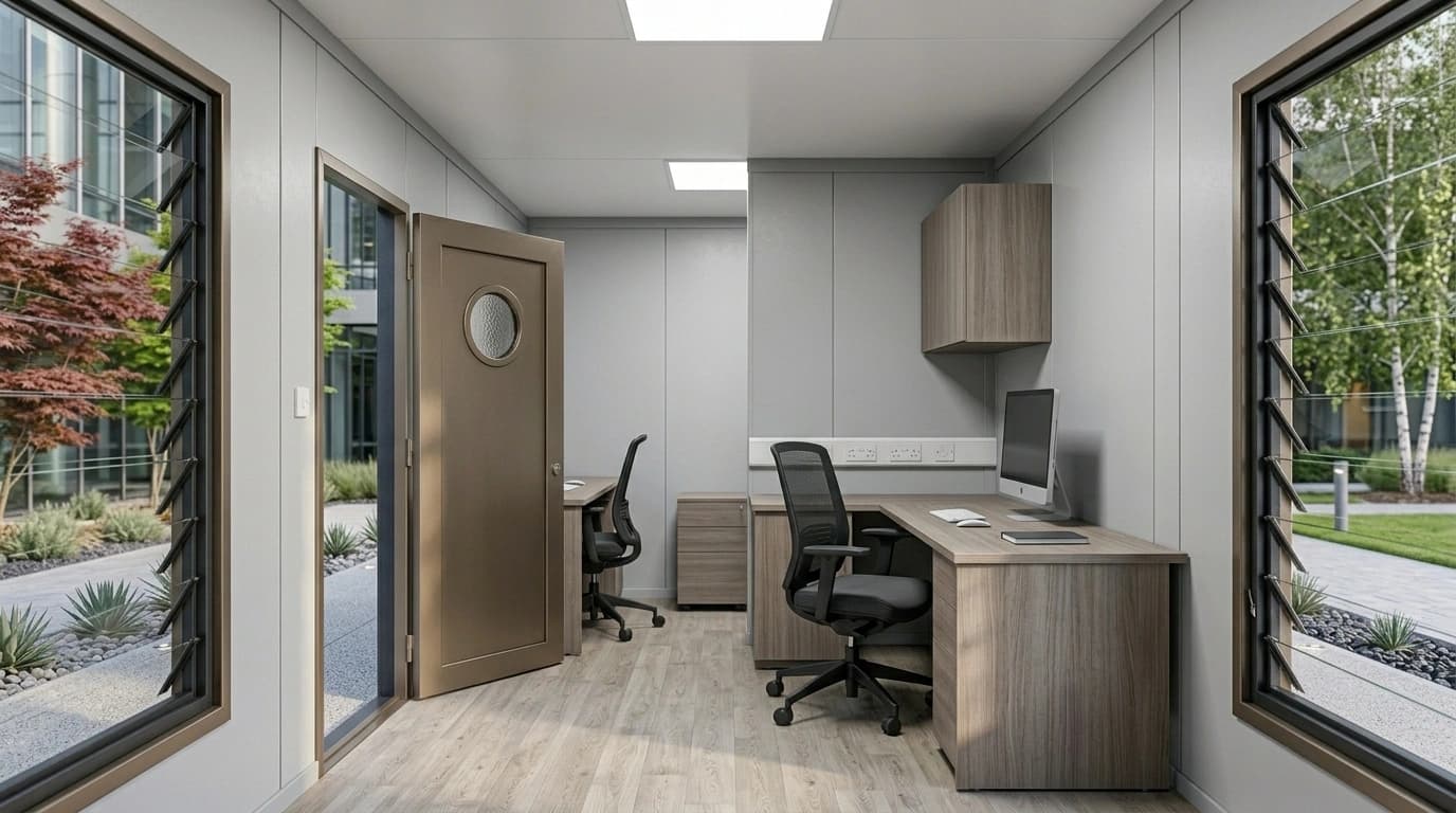 Interior of a cabin office with a corner desk, a wall cabinet, louvred windows and laminate-look flooring