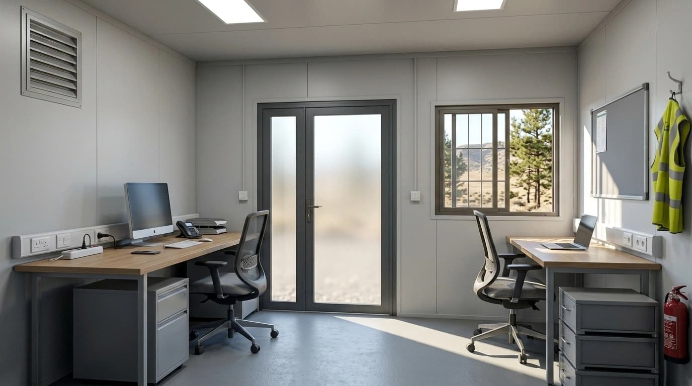 Interior of a cabin fitted out as a site office, with two desks, task chairs, a notice board, wall sockets and a fire extinguisher