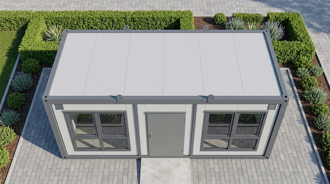 Portable office cabin seen from above, showing the roof panels and the level paved base it stands on